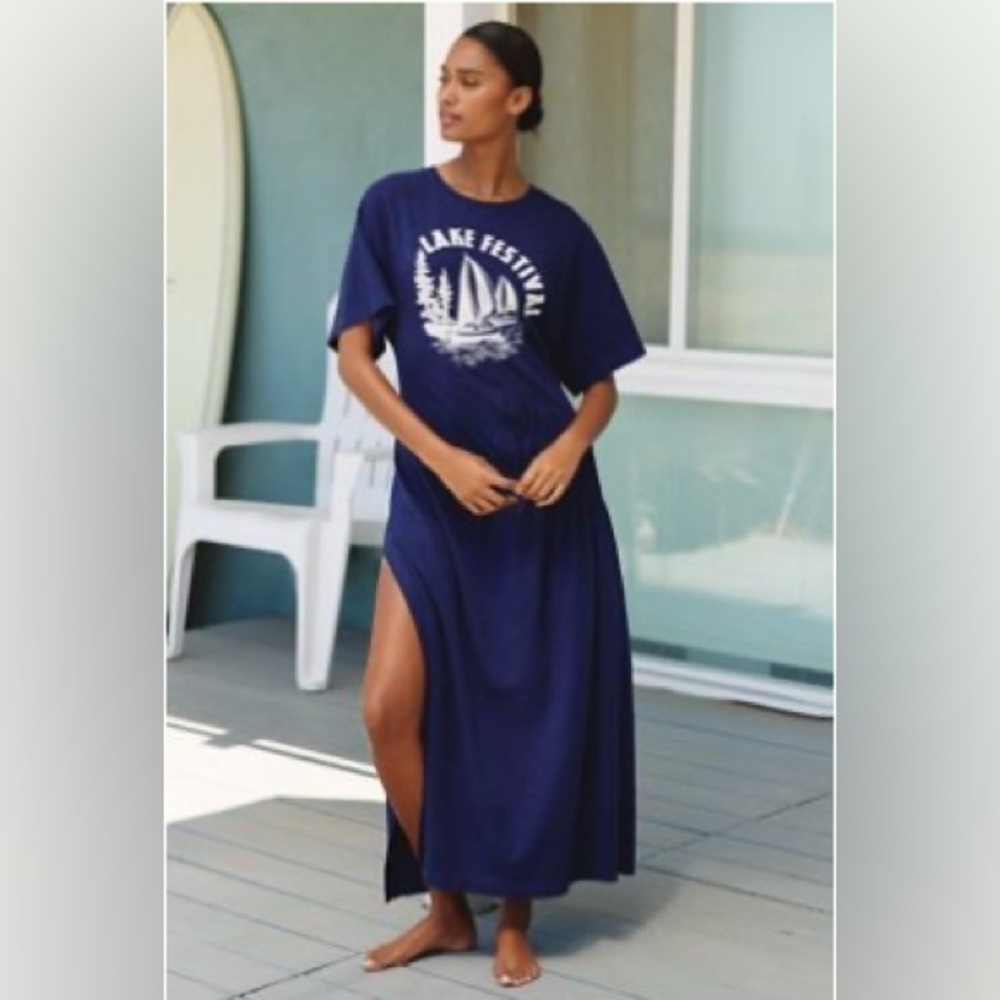 Anthropologie Navy Cotton Crew Neck Shirt Dress